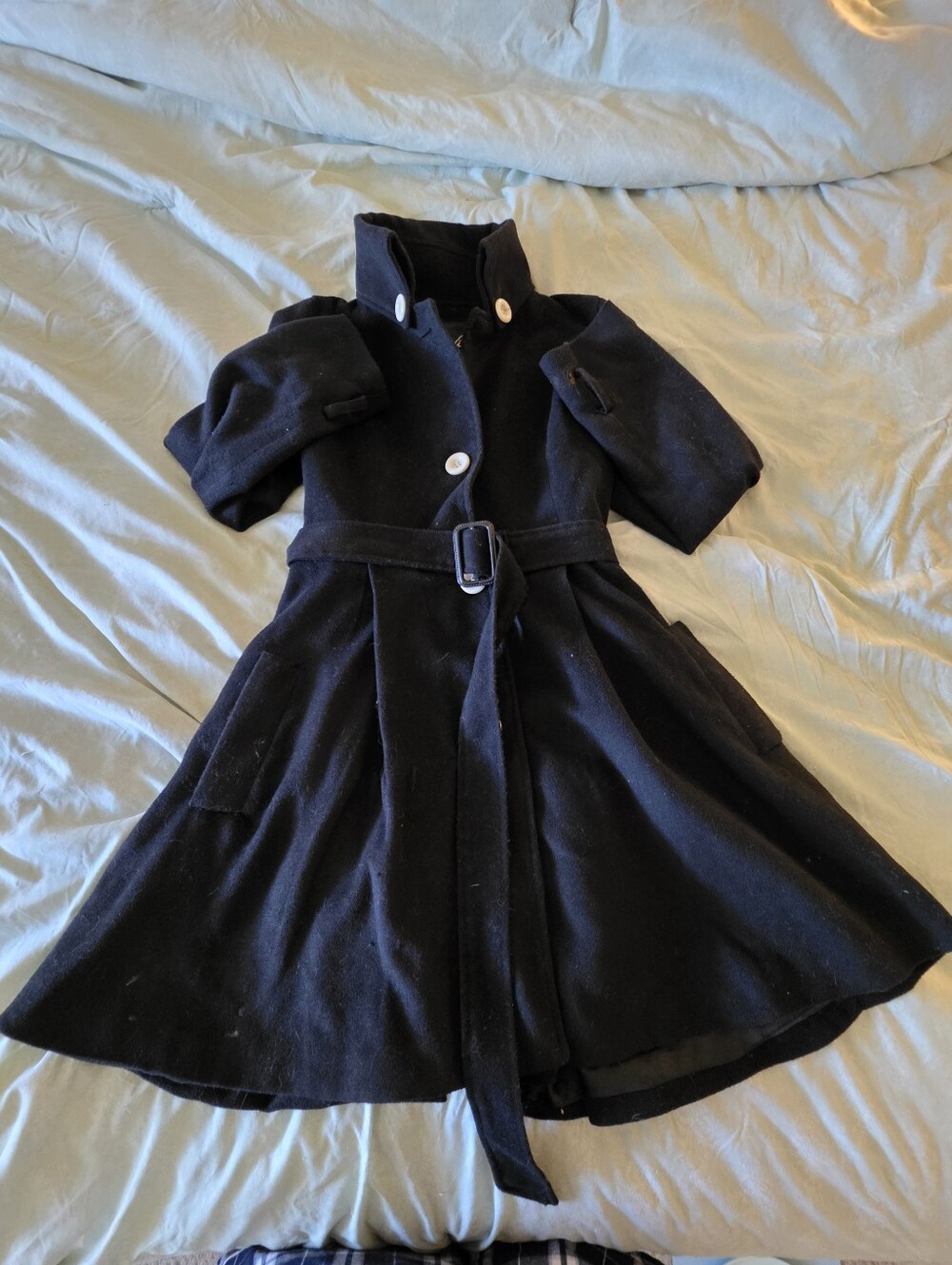 C. Luce Black Flare Pea Coat With Belt